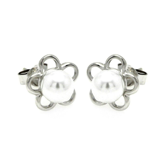 Silver 925 Rhodium Plated Open Star Pearl Stud Earrings - STE00894 | Silver Palace Inc.