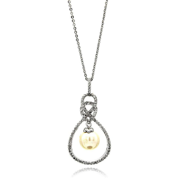 Silver 925 Rhodium Plated Open Teardrop CZ Center Pearl Necklace - BGP00600 | Silver Palace Inc.
