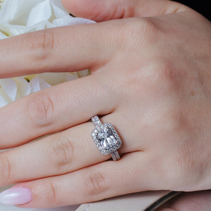 Silver 925 Rhodium Plated Pave Clear Cluster CZ Square Ring - ACR00002