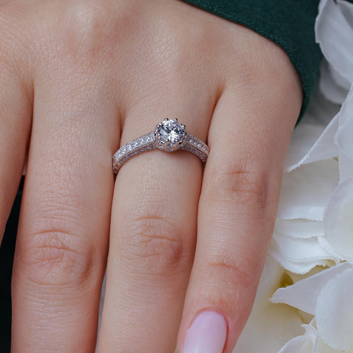 Silver 925 Rhodium Plated Pave Round Center CZ Ring - ACR00026
