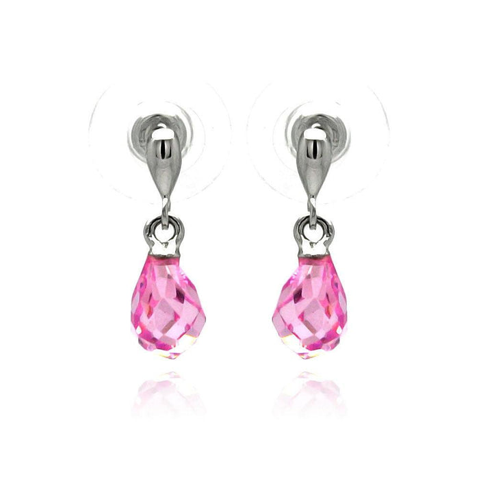 Silver 925 Rhodium Plated Pear Teardrop Pink CZ Dangling Stud Earrings - BGE00235 | Silver Palace Inc.
