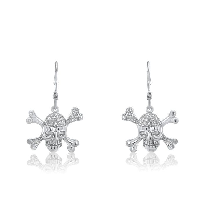 Silver 925 Rhodium Plated Pirate Skull CZ Dangling Hook Earrings - STE00537 | Silver Palace Inc.