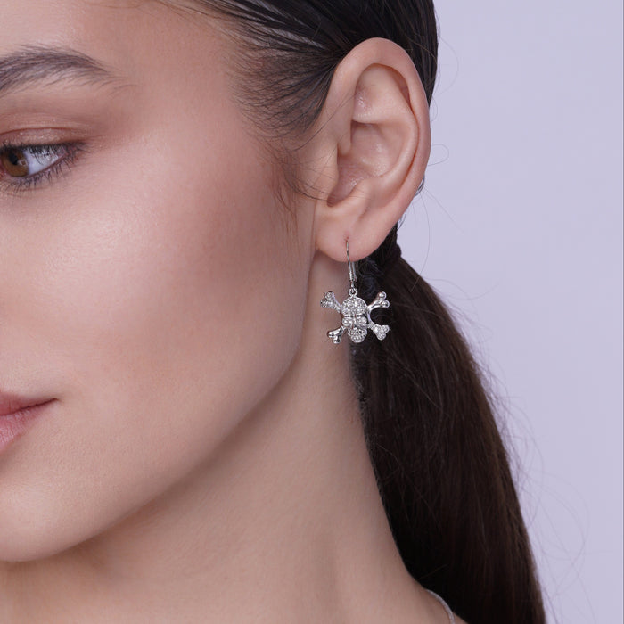 Silver 925 Rhodium Plated Pirate Skull CZ Dangling Hook Earrings - STE00537 | Silver Palace Inc.