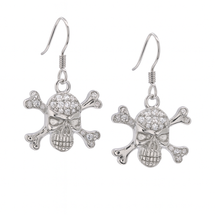 Silver 925 Rhodium Plated Pirate Skull CZ Dangling Hook Earrings - STE00537 | Silver Palace Inc.