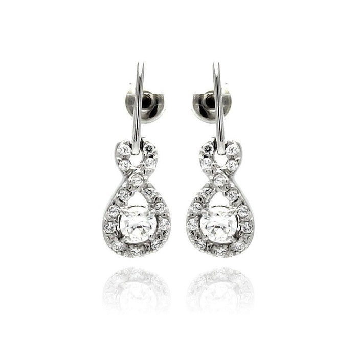 Silver 925 Rhodium Plated Ribbon CZ Dangling Stud Earrings - BGE00222