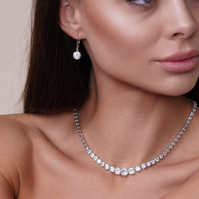 Silver 925 Rhodium Plated Round Clear CZ Dangling Hook Earrings - STE00877