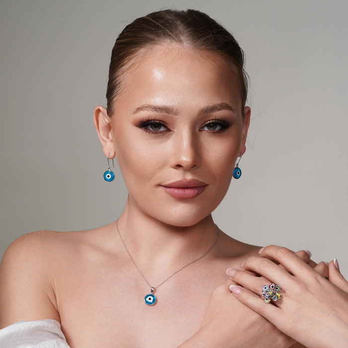 Silver 925 Rhodium Plated Round Cookie Monster Evil Eye Dangling Hook Earrings - BGE00106