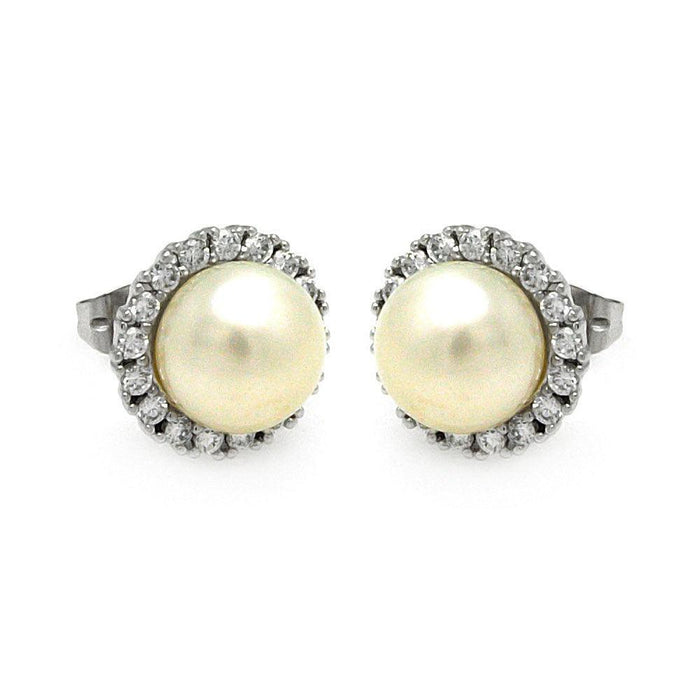 Silver 925 Rhodium Plated Round CZ Center Fresh Water Pearl Stud Earrings - BGE00253 | Silver Palace Inc.