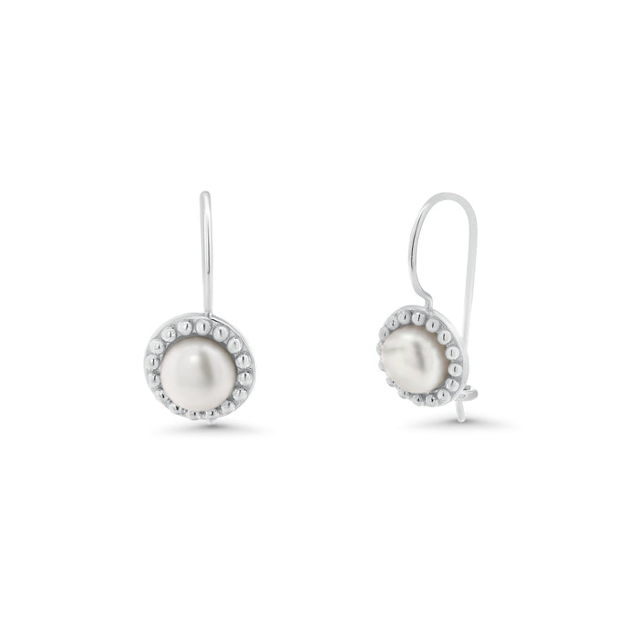 Silver 925 Rhodium Plated Round CZ Fresh Water Pearl Hook Earrings - STE00756