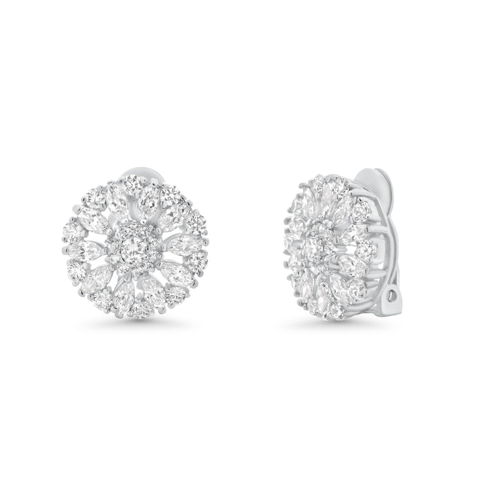 Silver 925 Rhodium Plated Round Flower Clear CZ Stud Earrings - STE00725