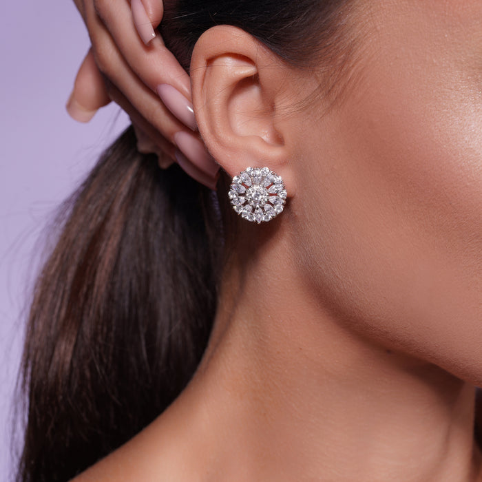 Silver 925 Rhodium Plated Round Flower Clear CZ Stud Earrings - STE00725