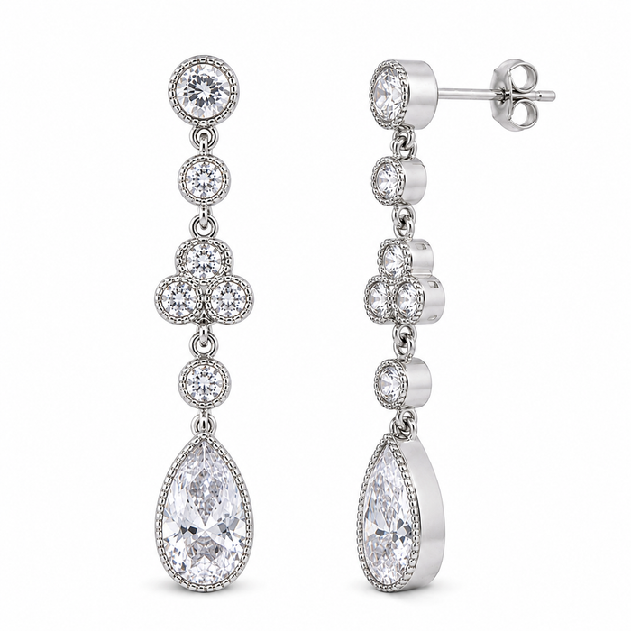 Silver 925 Rhodium Plated Teardrop CZ Wire Dangling Stud Earrings - STE00582