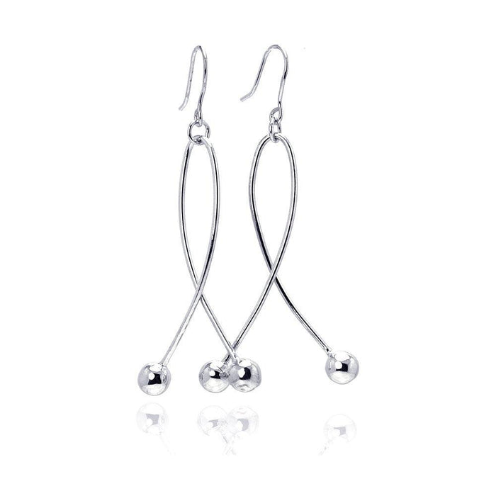Silver 925 Rhodium Plated Twisted Dangling Two Hanging Balls Hook Earrings - DSE00031 | Silver Palace Inc.