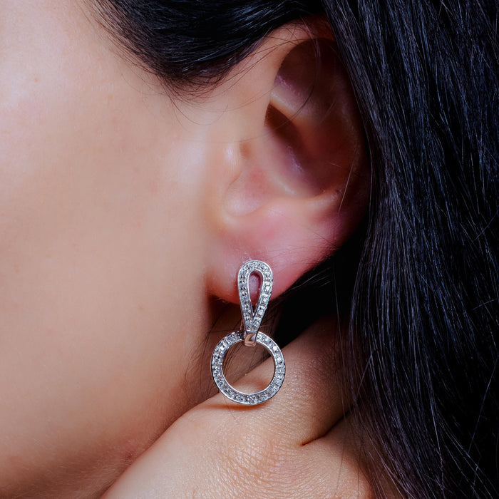 Silver 925 Rhodium Plated Two Piece Round Movable CZ Dangling Earrings - STE00099