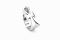 Silver ring with a sideways ankh design on a white background