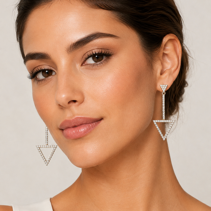Sterling Silver Cubic Zirconia Double Triangle Drop Earrings