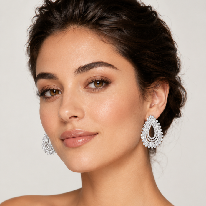 Sterling Silver Cubic Zirconia Layered Teardrop Stud Earrings