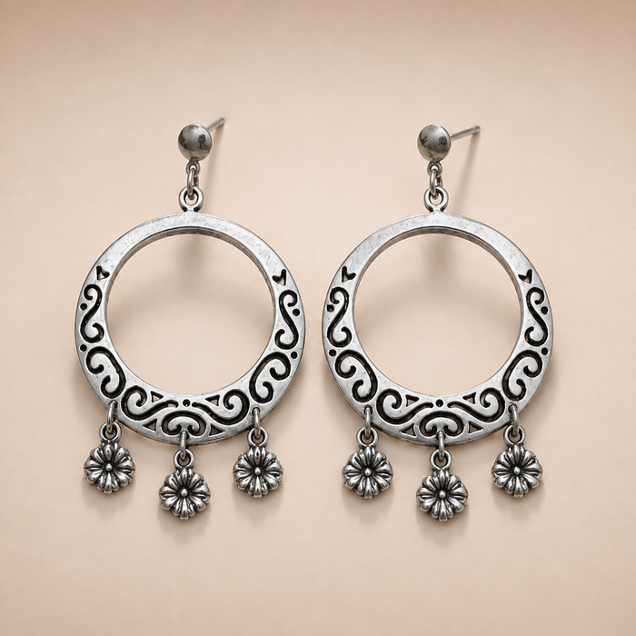 Sterling Silver Filigree Hoop Chandelier Drop Earrings with Flower Charms