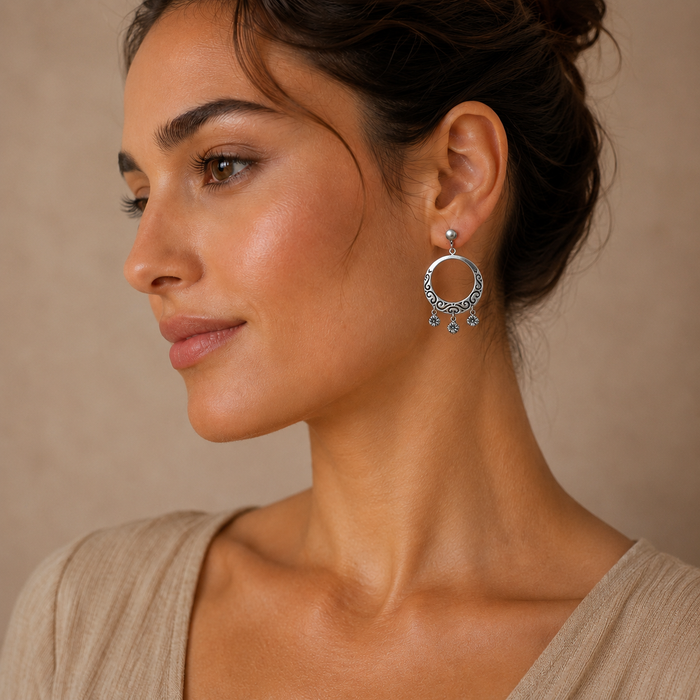 Sterling Silver Filigree Hoop Chandelier Drop Earrings with Flower Charms