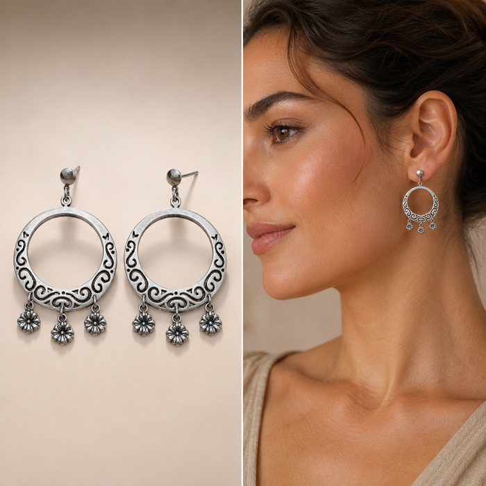 Sterling Silver Filigree Hoop Chandelier Drop Earrings with Flower Charms