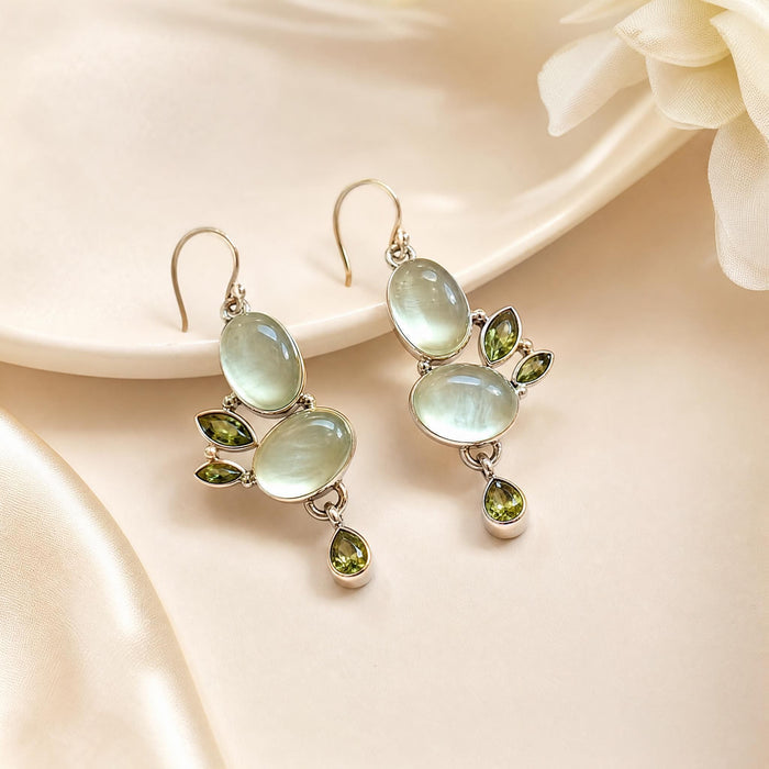 Sterling Silver Natural Prehnite & Peridot Chandelier Drop Earrings