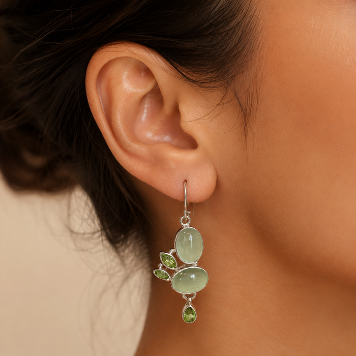 Sterling Silver Natural Prehnite & Peridot Chandelier Drop Earrings