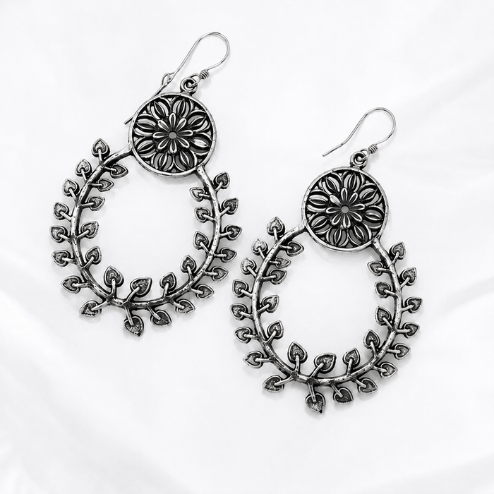 Sterling Silver Oxidized Floral Vine Teardrop Drop Earrings