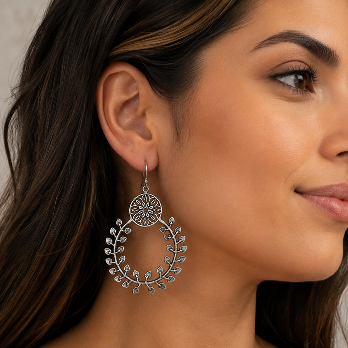 Sterling Silver Oxidized Floral Vine Teardrop Drop Earrings