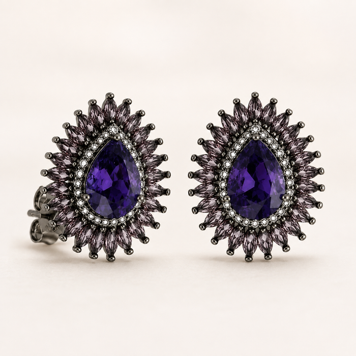 Sterling Silver Purple Cubic Zirconia Pear Sunburst Stud Earrings