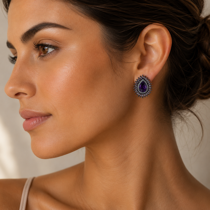 Sterling Silver Purple Cubic Zirconia Pear Sunburst Stud Earrings