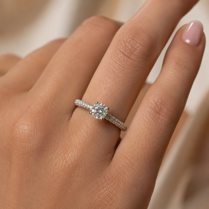 Sterling Silver Rhodium Plated Round Moissanite Solitaire Pavé Ring
