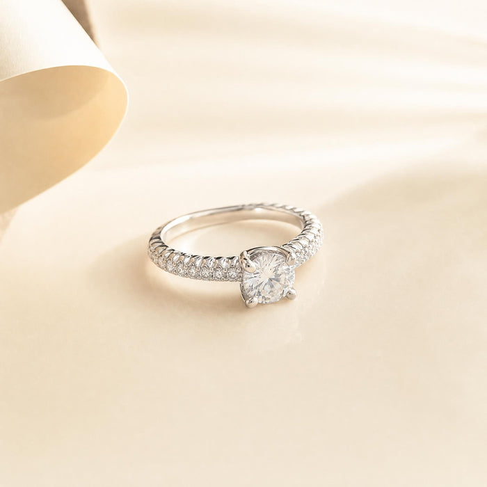 Sterling Silver Rhodium Plated Round Moissanite Solitaire Pavé Ring