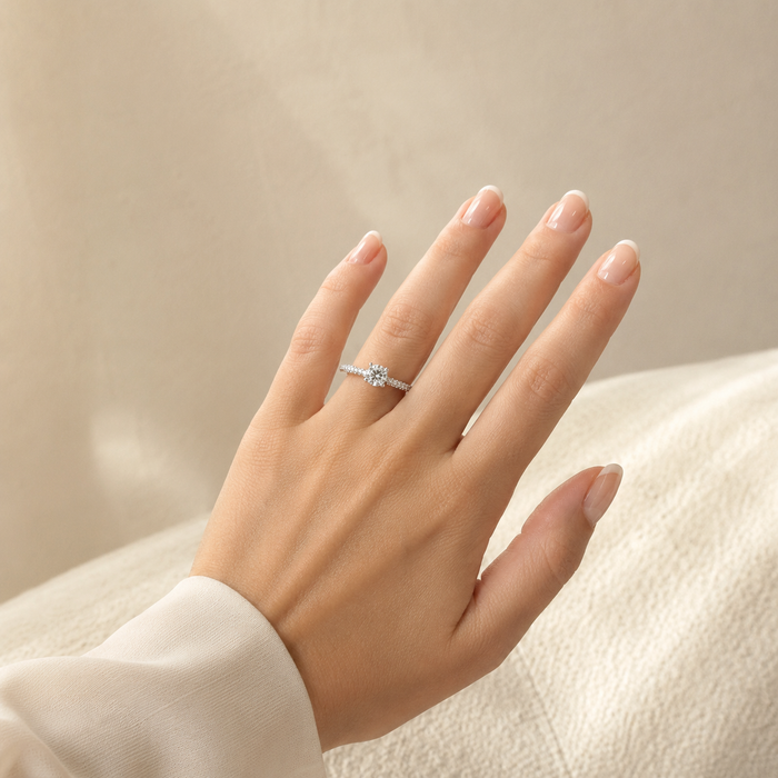 Sterling Silver Rhodium Plated Round Moissanite Solitaire Pavé Ring