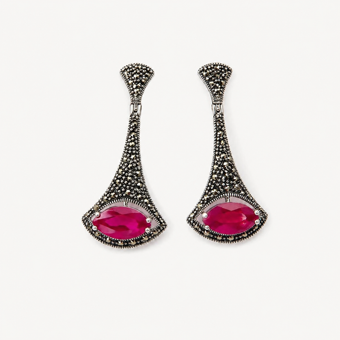 Sterling Silver Rubellite Tourmaline Marquise Marcasite Drop Earrings