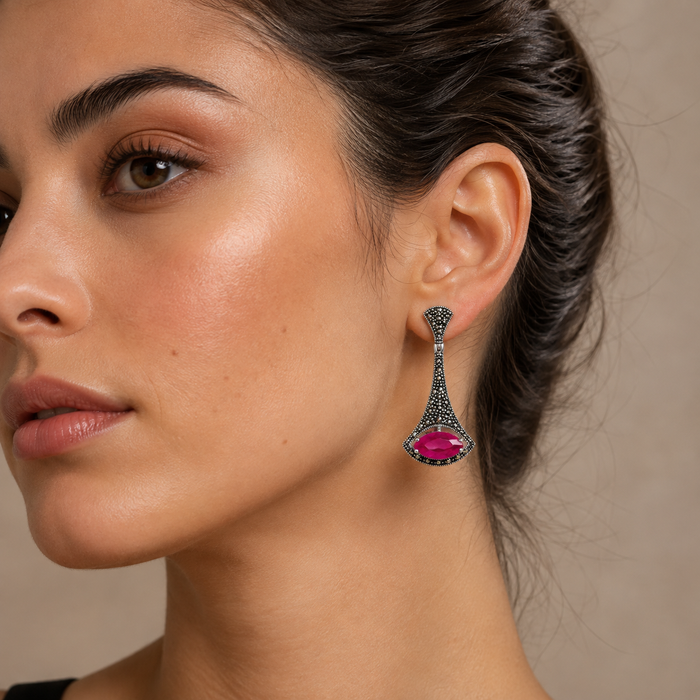 Sterling Silver Rubellite Tourmaline Marquise Marcasite Drop Earrings