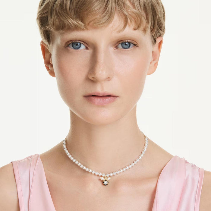 Swarovski Idyllia Crystal Pearl Bee Choker Necklace in Yellow Tone Plate