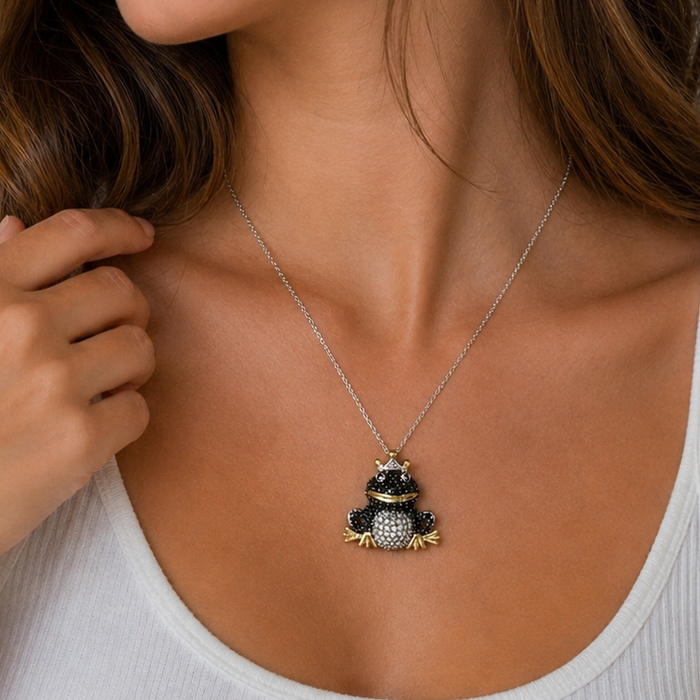 Tri-Plated 925 Sterling Silver Black CZ Crowned Frog Necklace - BGP00583