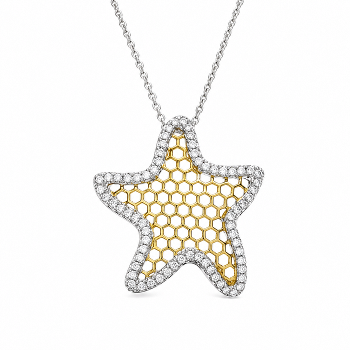 Two-Tone 925 Sterling Silver Cz Honeycomb Starfish Pendant Necklace - STP00377