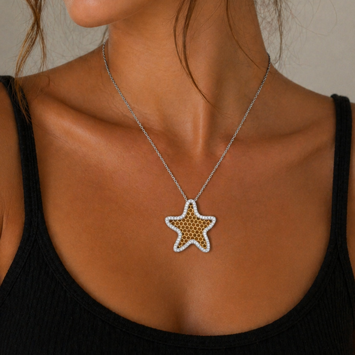 Two-Tone 925 Sterling Silver Cz Honeycomb Starfish Pendant Necklace - STP00377