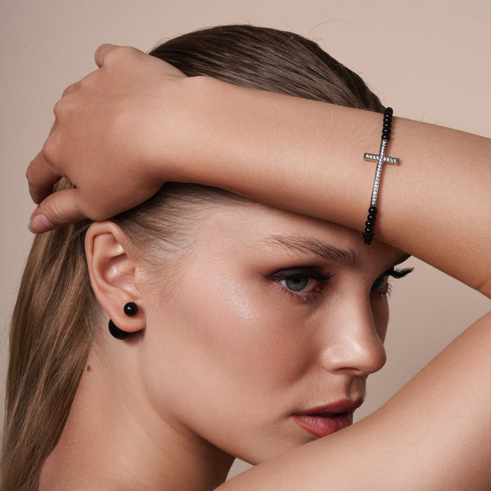 Wholesale Sterling Silver 925  Gold Plated Sideways Cross CZ Black Bead Bracelet - BGB00121